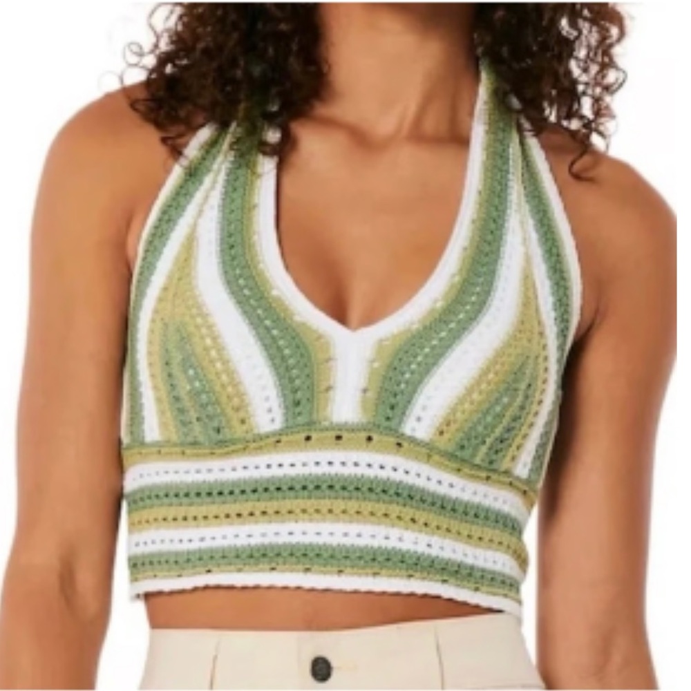 Hollister Green White Striped Crochet Halter Crop Top